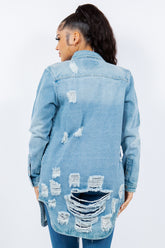 American Bazi Women's Distressed Denim Jacket - Trendy Button-Up Long Sleeve